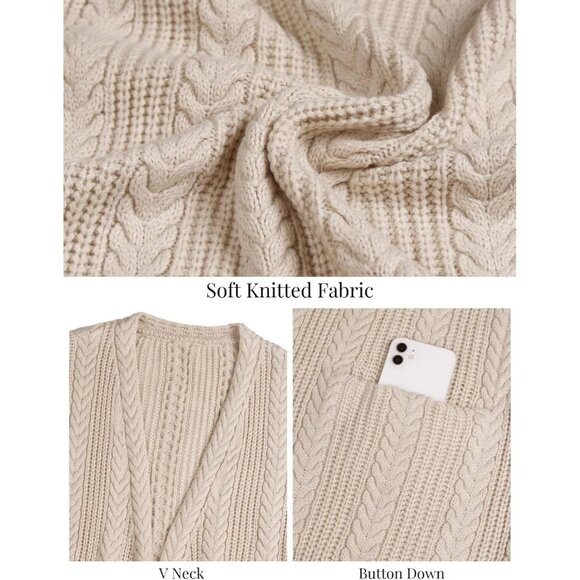 Women's Cable Knit Cardigan Sweater Longline Fall Jacket Pockets Cozy - Picture 4 of 5